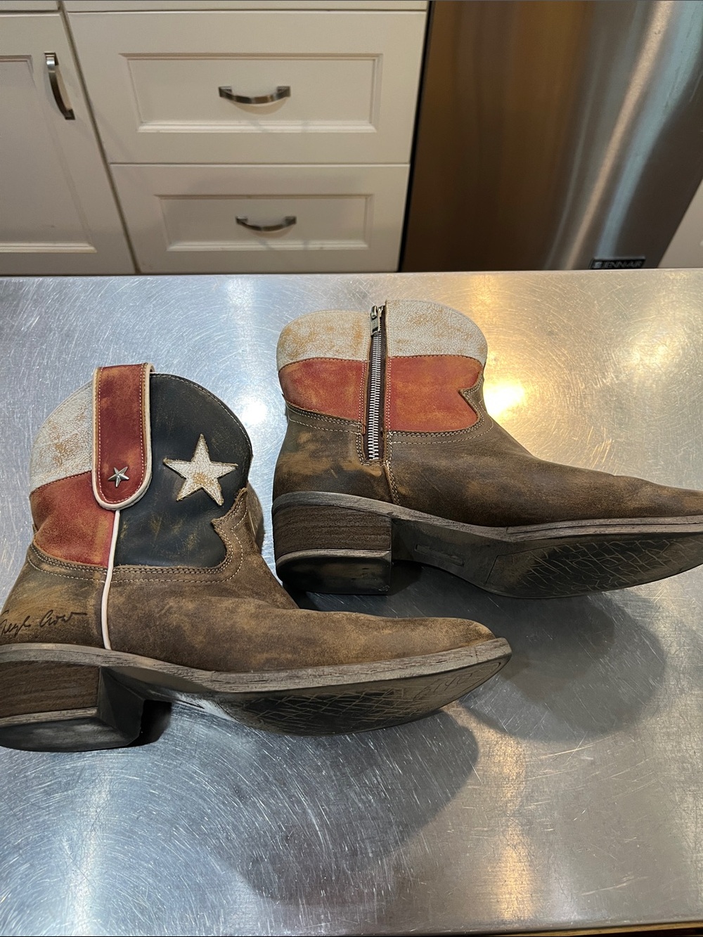 Distressed Brown Leather Western Ankle Boots with Flag Accent